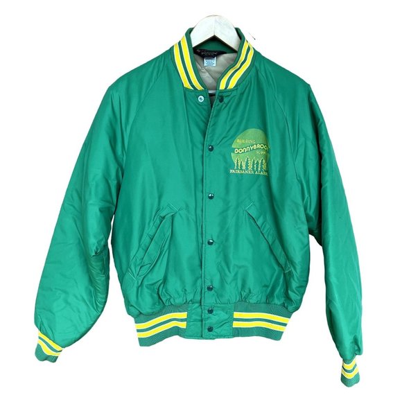 Vintage 80's Building Donnybrook Supply Fairbanks Alaska Green Satin Jacket Snap - Picture 1 of 10